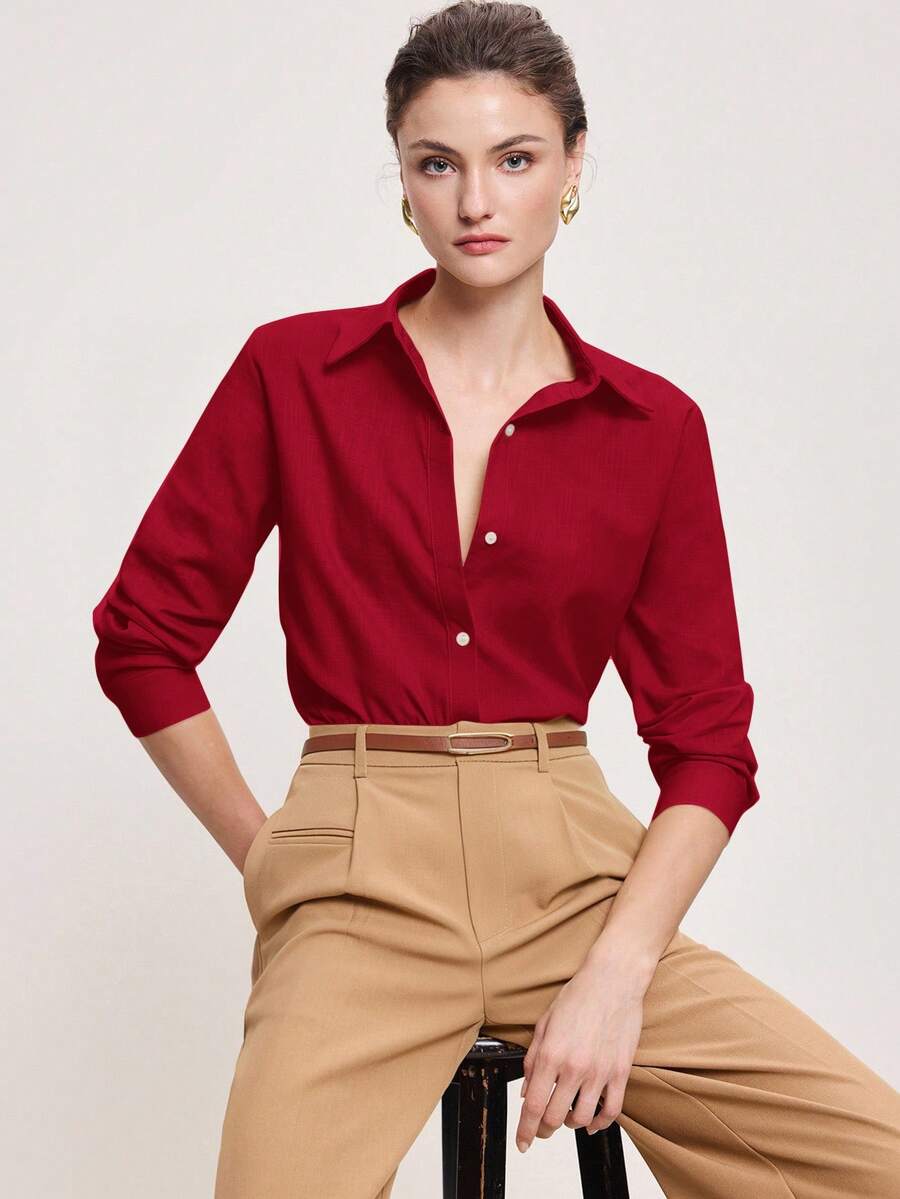 Arabella Classic Collared Button Down Long Sleeve Cotton Shirt - Red