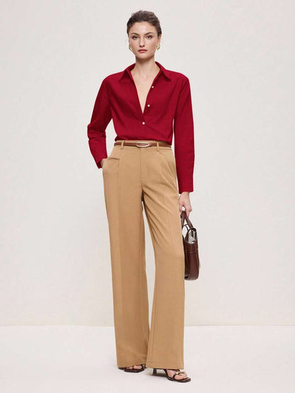 Arabella Classic Collared Button Down Long Sleeve Cotton Shirt - Red