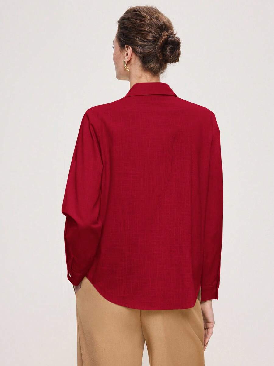 Arabella Classic Collared Button Down Long Sleeve Cotton Shirt - Red
