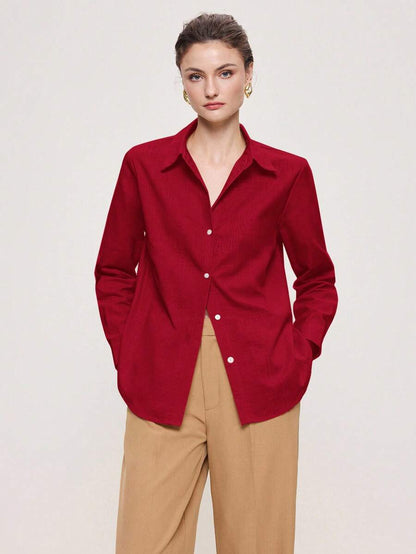 Arabella Classic Collared Button Down Long Sleeve Cotton Shirt - Red