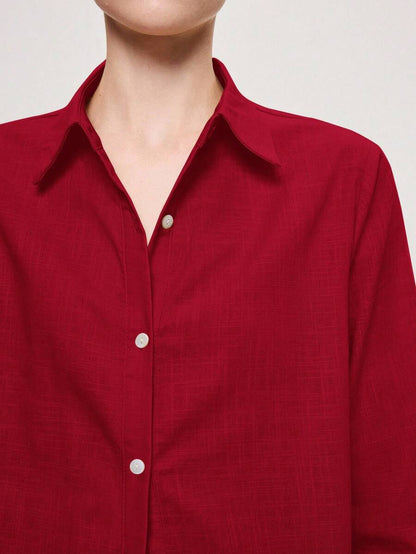 Arabella Classic Collared Button Down Long Sleeve Cotton Shirt - Red