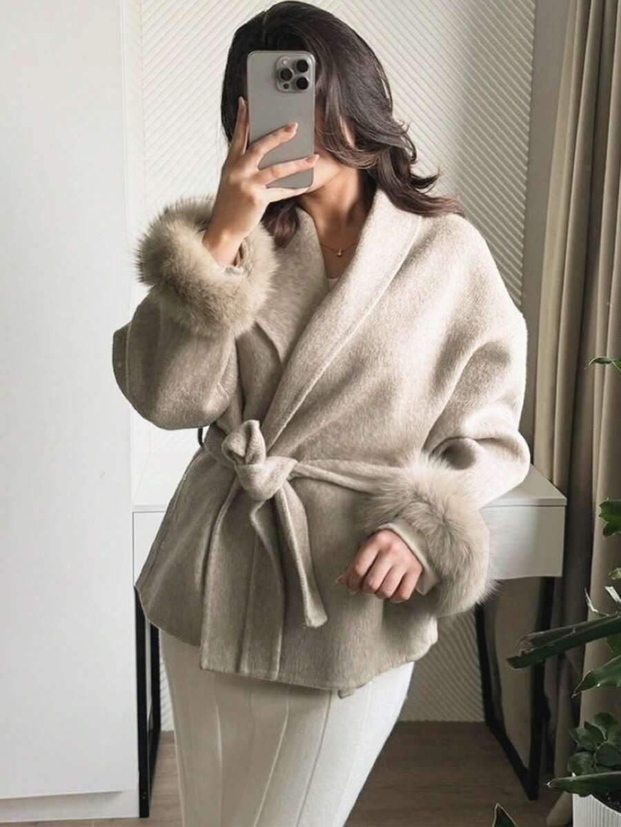 Flavia Belted Wrap Coat with Faux Fur Cuffs and Shawl Collar - Beige