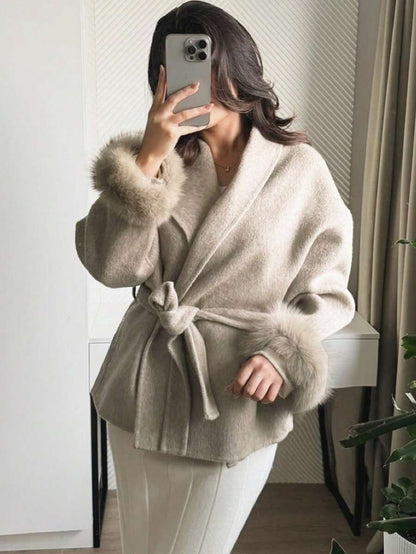 Flavia Belted Wrap Coat with Faux Fur Cuffs and Shawl Collar - Beige