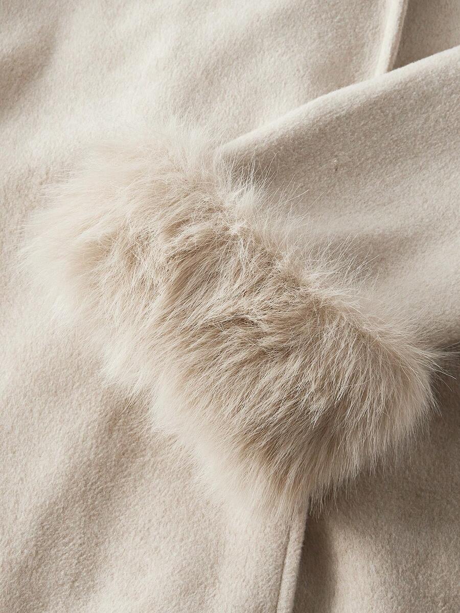 Flavia Belted Wrap Coat with Faux Fur Cuffs and Shawl Collar - Beige