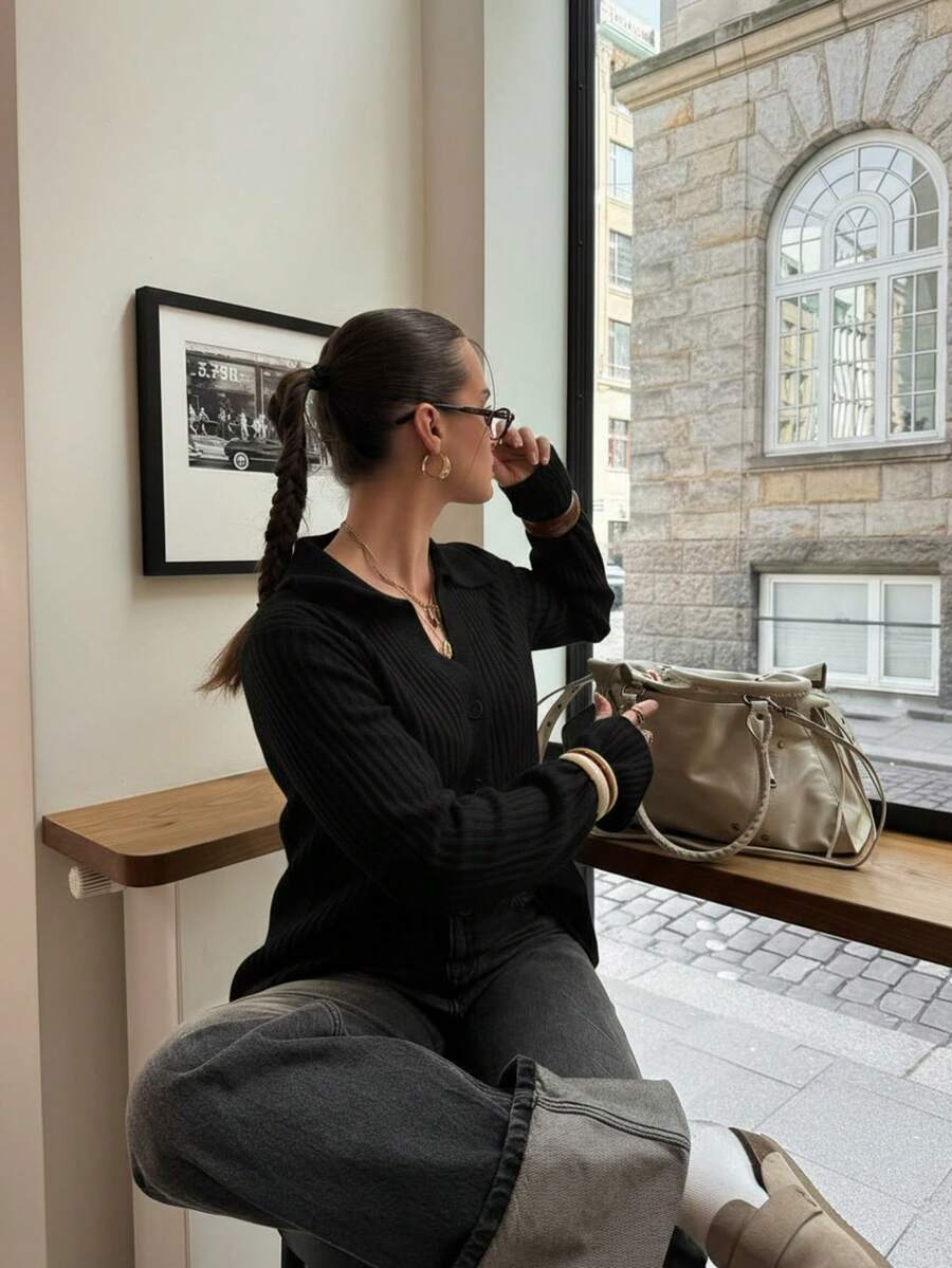 Bavaria Ribbed Knit Collared Button Front Cardigan
