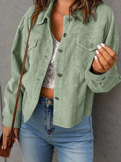 Montreux Corduroy Cropped Button Front Shacket Jacket - Sage Green