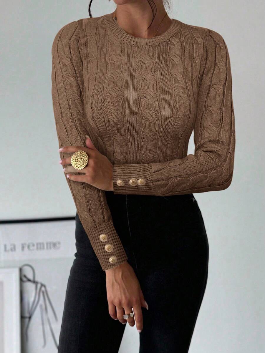 Nerissa Slim Cable Knit Sweater with Crew Neck and Button Detail - Camel