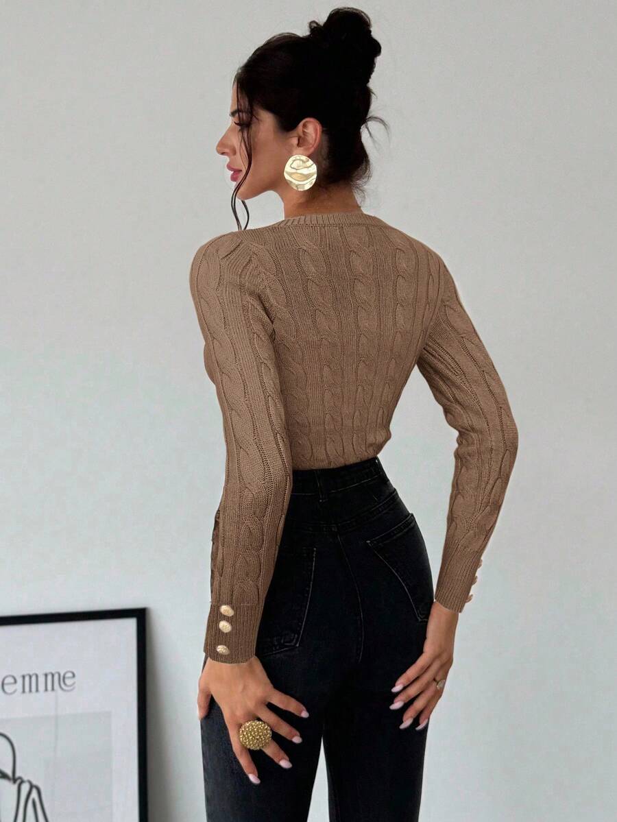Nerissa Slim Cable Knit Sweater with Crew Neck and Button Detail - Camel