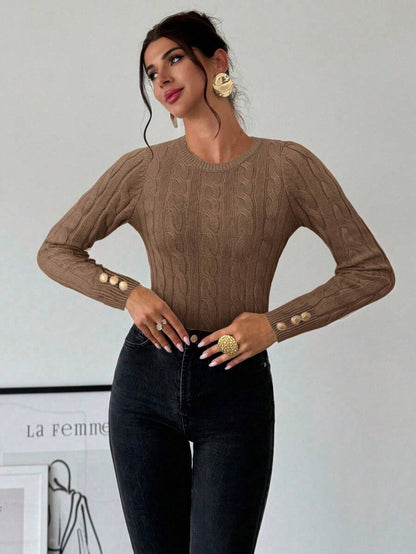 Nerissa Slim Cable Knit Sweater with Crew Neck and Button Detail - Camel