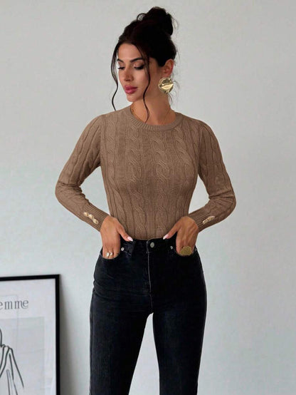 Nerissa Slim Cable Knit Sweater with Crew Neck and Button Detail - Camel