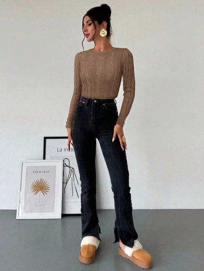 Nerissa Slim Cable Knit Sweater with Crew Neck and Button Detail - Camel
