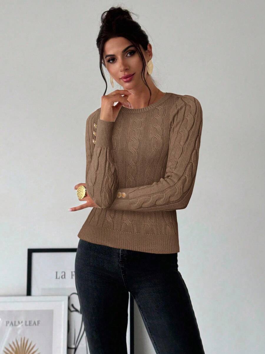 Nerissa Slim Cable Knit Sweater with Crew Neck and Button Detail - Camel