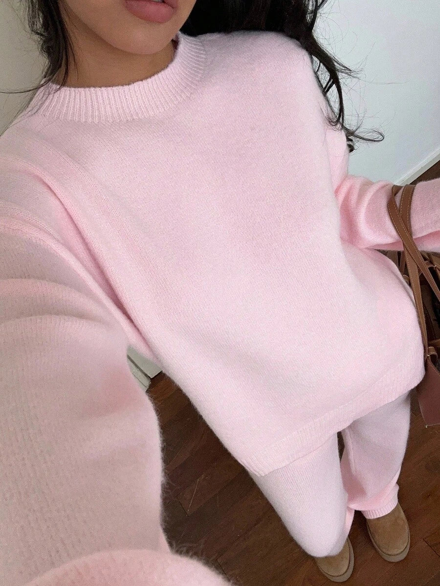 Davos Drop Shoulder Sweater and Knit Pants Set - Baby Pink
