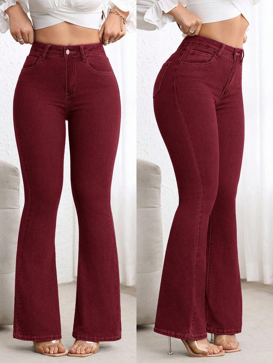 Zakopane High Waist Stretch Flare Jeans - Burgundy