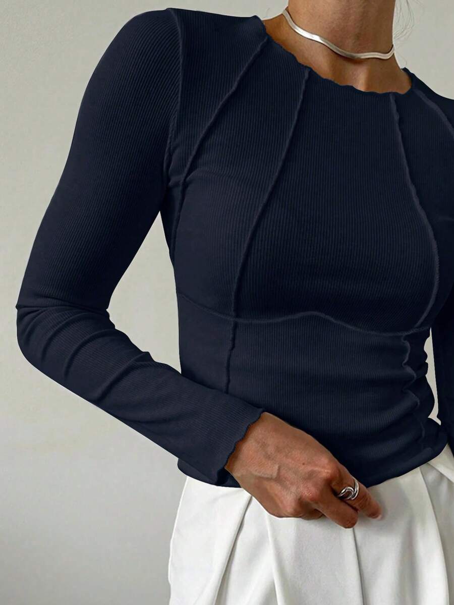 Evelina Seam Detail Ribbed Slim Fit Long Sleeve Knit Top - Navy Blue