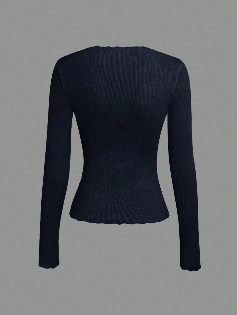 Evelina Seam Detail Ribbed Slim Fit Long Sleeve Knit Top - Navy Blue