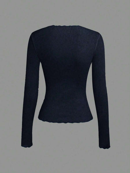 Evelina Seam Detail Ribbed Slim Fit Long Sleeve Knit Top - Navy Blue