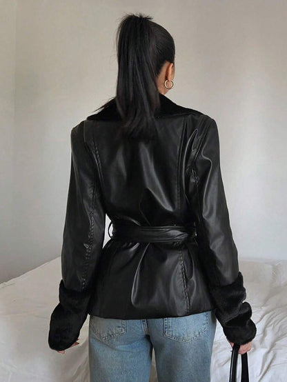 Kalispell Belted Faux Leather Jacket with Lapel Collar