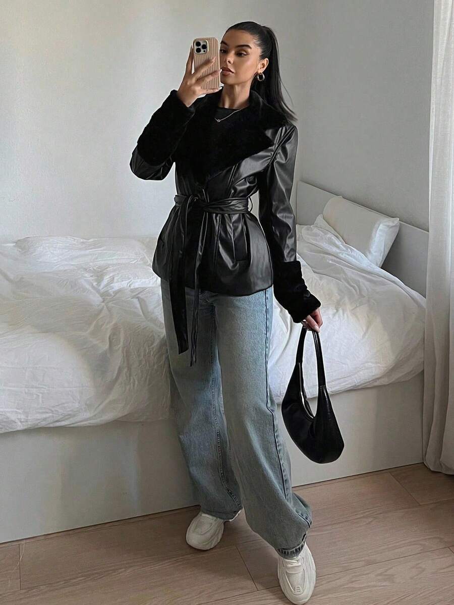 Kalispell Belted Faux Leather Jacket with Lapel Collar