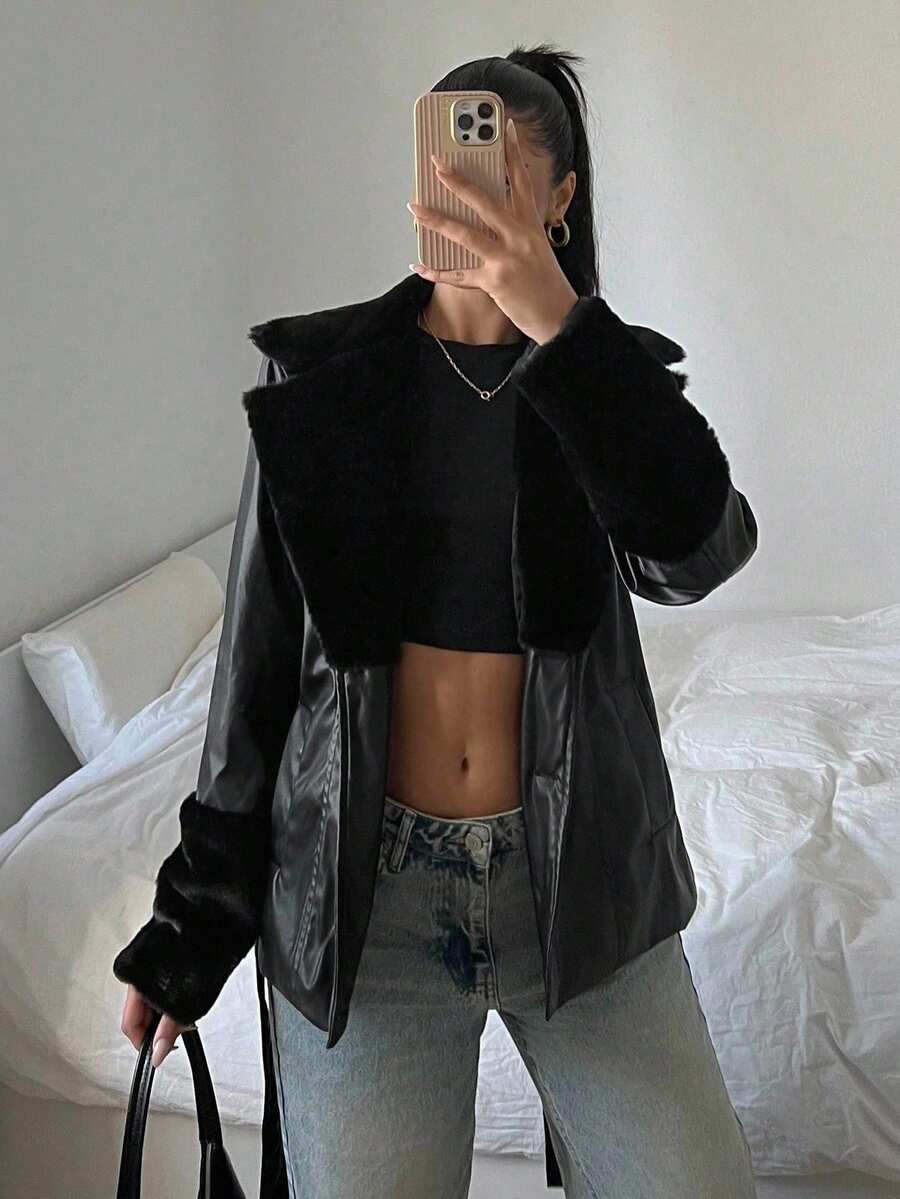 Kalispell Belted Faux Leather Jacket with Lapel Collar