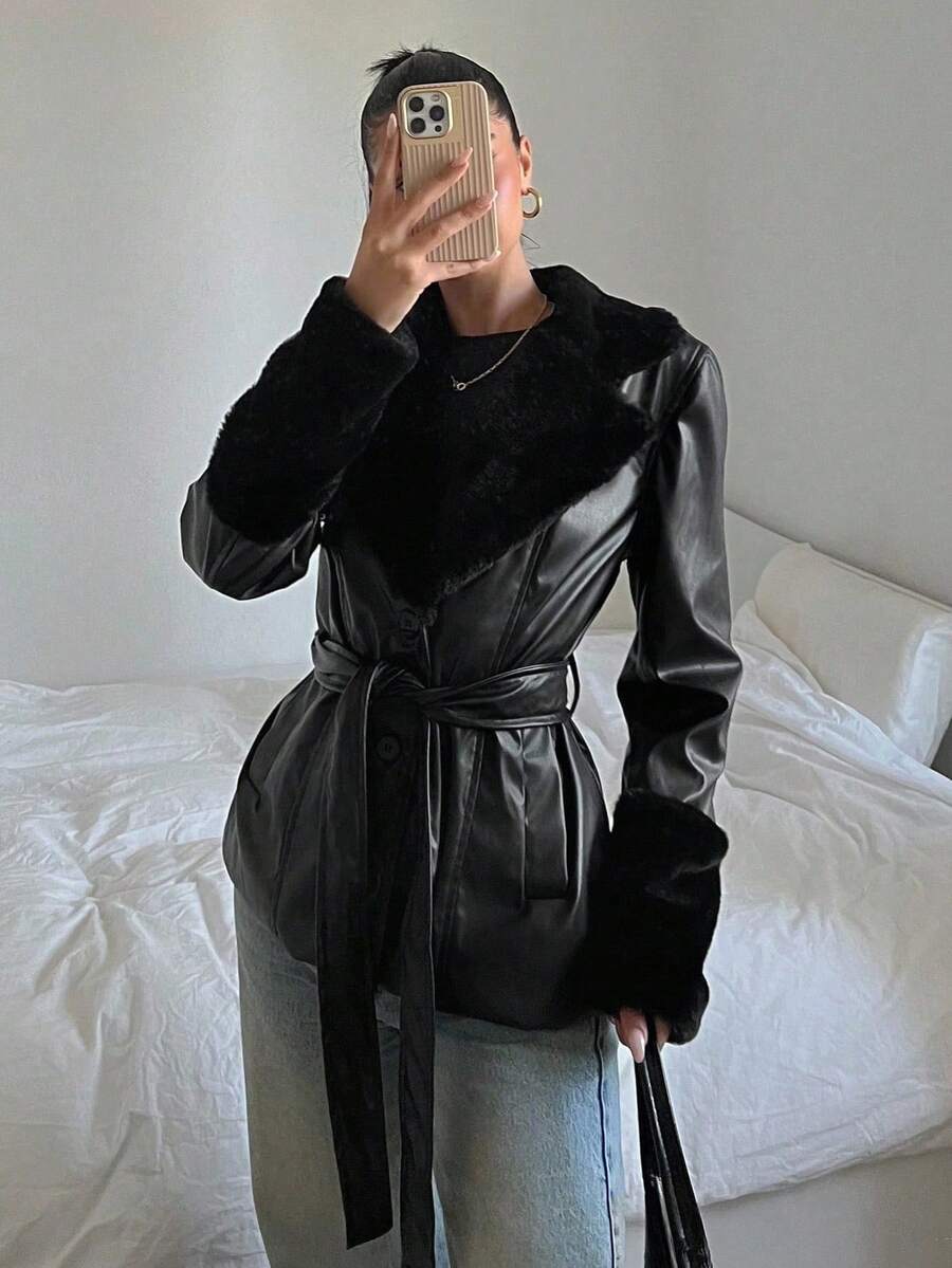 Kalispell Belted Faux Leather Jacket with Lapel Collar