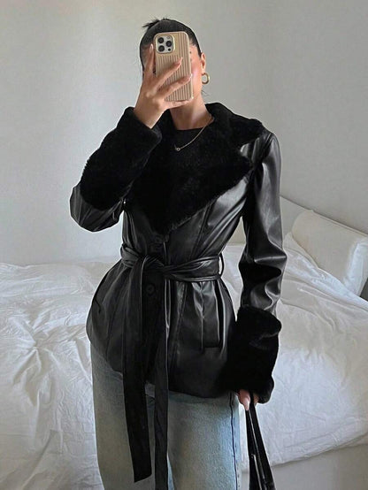 Kalispell Belted Faux Leather Jacket with Lapel Collar