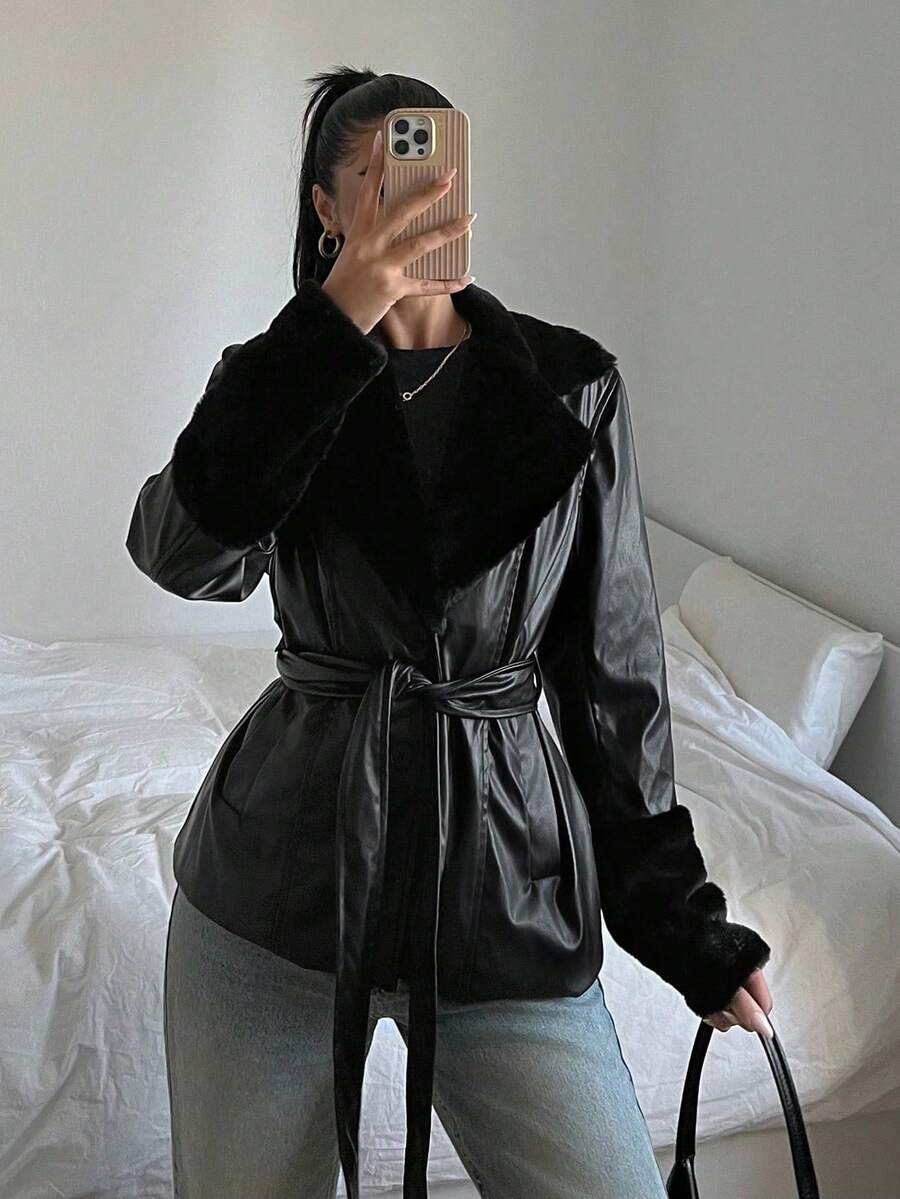 Kalispell Belted Faux Leather Jacket with Lapel Collar