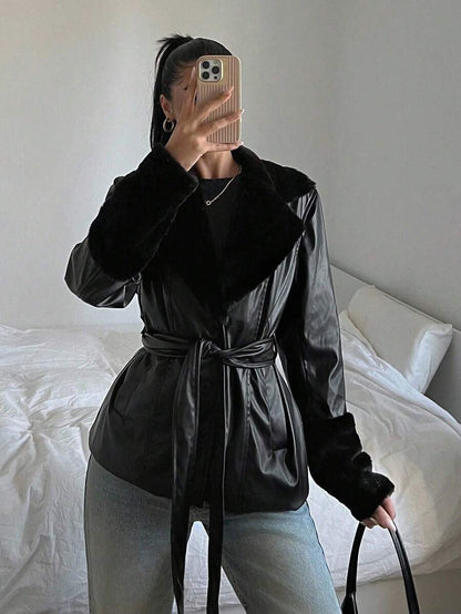 Kalispell Belted Faux Leather Jacket with Lapel Collar