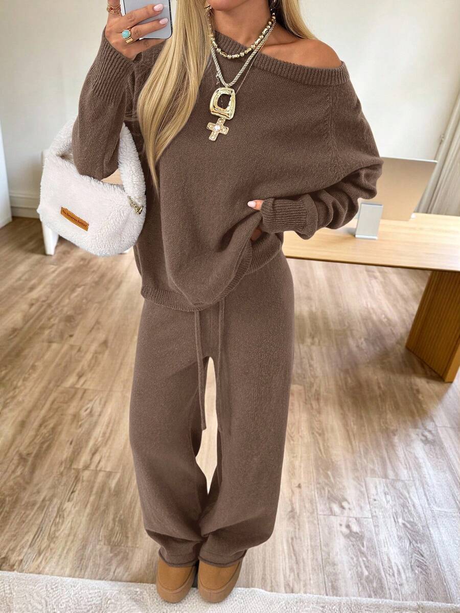 Valentina Off-Shoulder Knit Sweater and Wide Leg Pants Set - Coffee Brown
