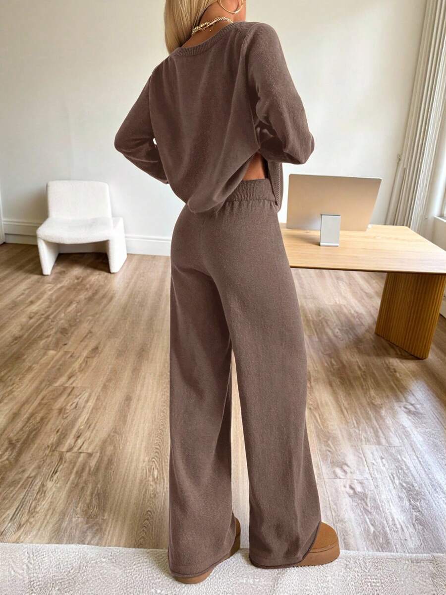 Valentina Off-Shoulder Knit Sweater and Wide Leg Pants Set - Coffee Brown
