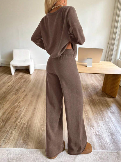 Valentina Off-Shoulder Knit Sweater and Wide Leg Pants Set - Coffee Brown