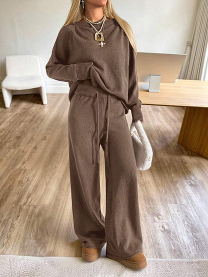 Valentina Off-Shoulder Knit Sweater and Wide Leg Pants Set - Coffee Brown