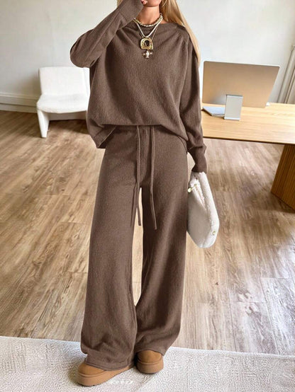 Valentina Off-Shoulder Knit Sweater and Wide Leg Pants Set - Coffee Brown
