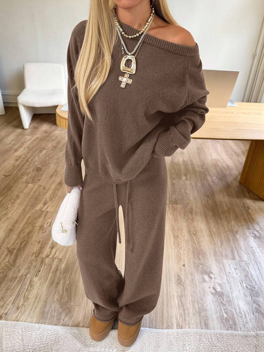 Valentina Off-Shoulder Knit Sweater and Wide Leg Pants Set - Coffee Brown