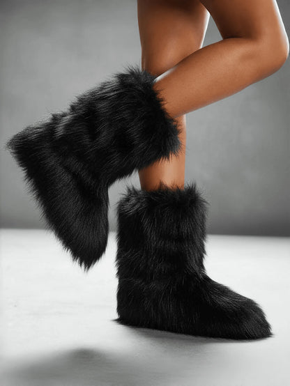 Women's Winter Furry Snow Boots Fuzzy Fluffy Round Toe Suede Booties Flat Heel Slip On Outdoor Indoor Shoes Fashion Warm Fluffy Shoes Mensa