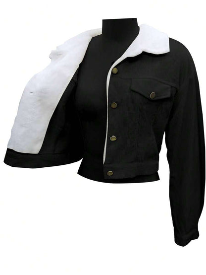 Marisol Fleece Lined Corduroy Jacket with Button Front - Black