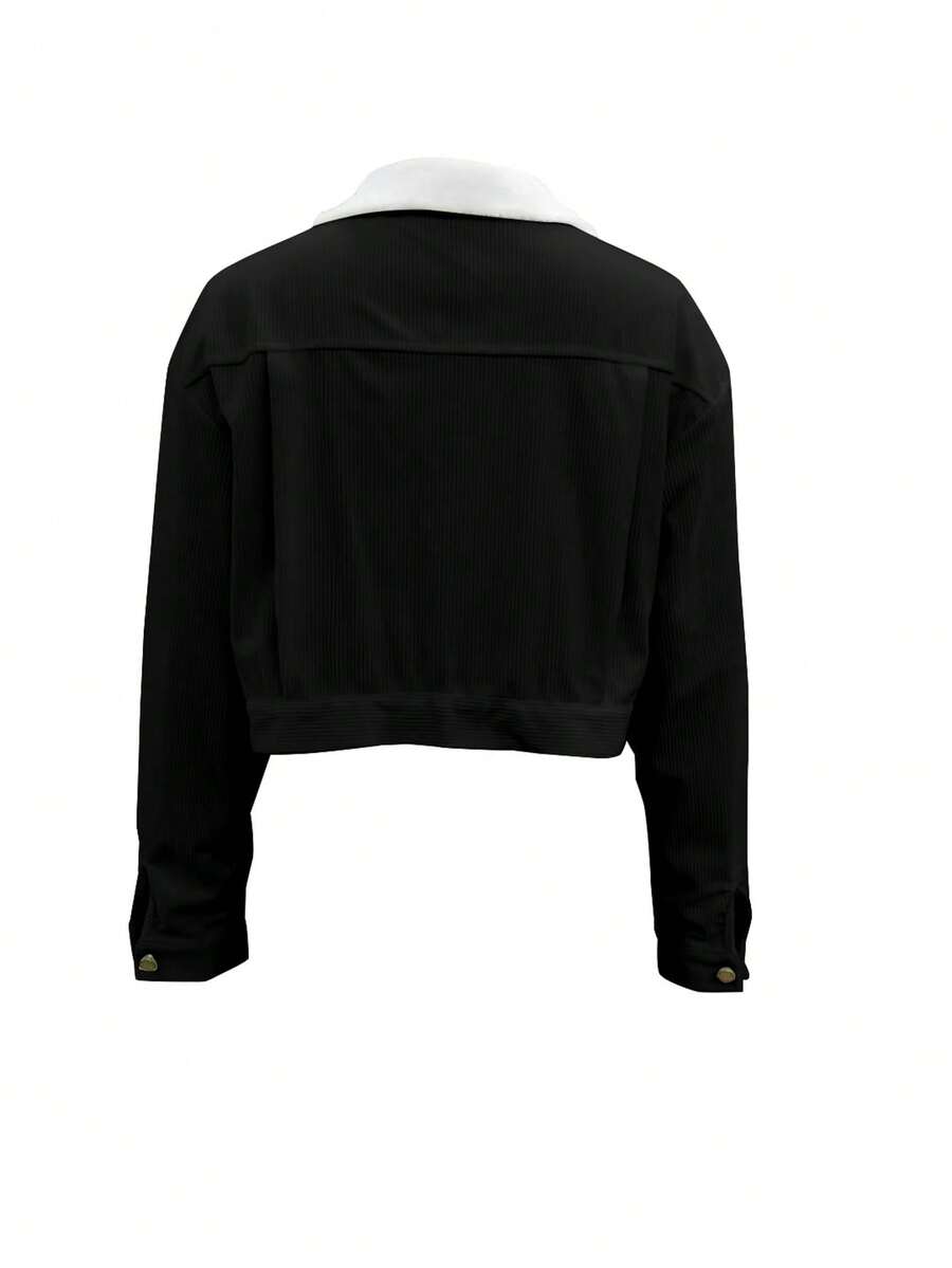 Marisol Fleece Lined Corduroy Jacket with Button Front - Black