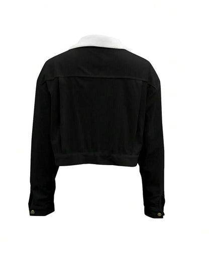 Marisol Fleece Lined Corduroy Jacket with Button Front - Black