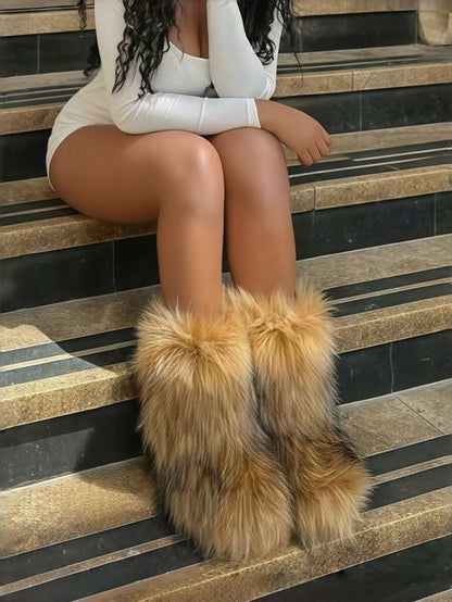 Women's Winter Furry Snow Boots Fuzzy Fluffy Round Toe Suede Booties Flat Heel Slip On Outdoor Indoor Shoes Fashion Warm Fluffy Shoes Mensa