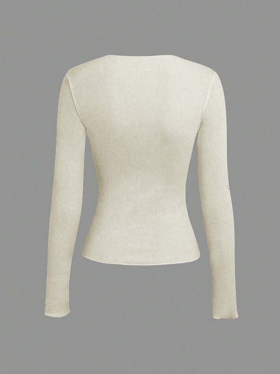 Evelina Seam Detail Ribbed Slim Fit Long Sleeve Knit Top - Ivory