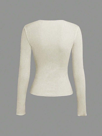 Evelina Seam Detail Ribbed Slim Fit Long Sleeve Knit Top - Ivory