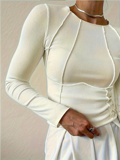 Evelina Seam Detail Ribbed Slim Fit Long Sleeve Knit Top - Ivory