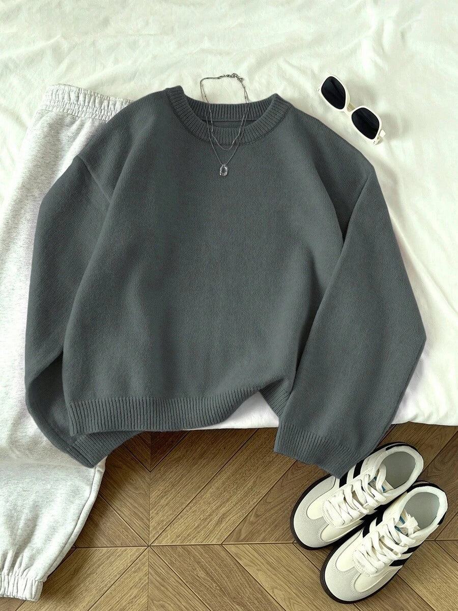 Women's Oversized Crew Neck Pullover Sweater, Relaxed Knit Sweater for Fall Winter - Blue
