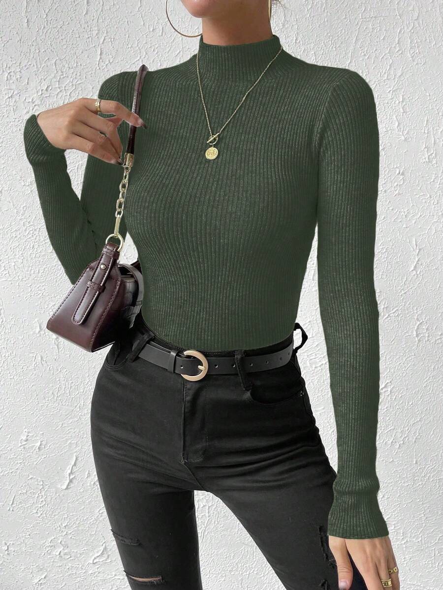 Verity Slim Ribbed Mock Neck Sweater Long Sleeve Pullover - Forest Green