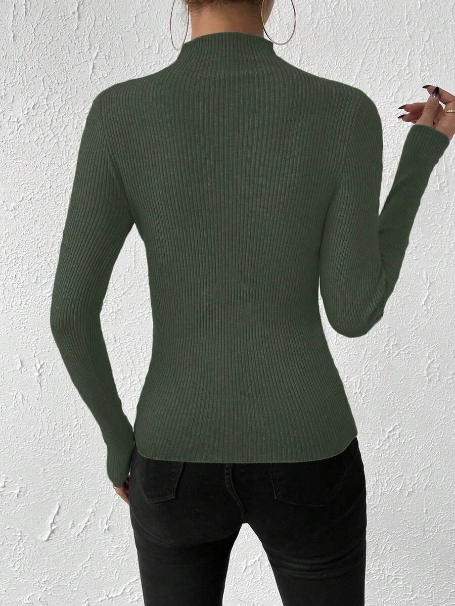 Verity Slim Ribbed Mock Neck Sweater Long Sleeve Pullover - Forest Green