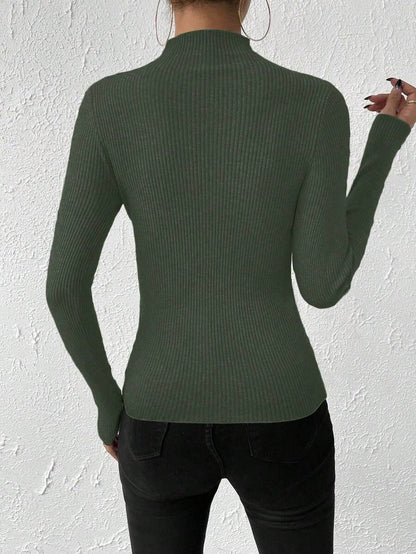 Verity Slim Ribbed Mock Neck Sweater Long Sleeve Pullover - Forest Green