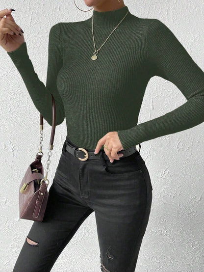 Verity Slim Ribbed Mock Neck Sweater Long Sleeve Pullover - Forest Green
