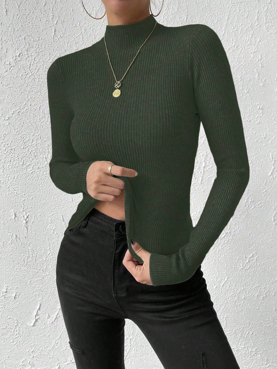 Verity Slim Ribbed Mock Neck Sweater Long Sleeve Pullover - Forest Green