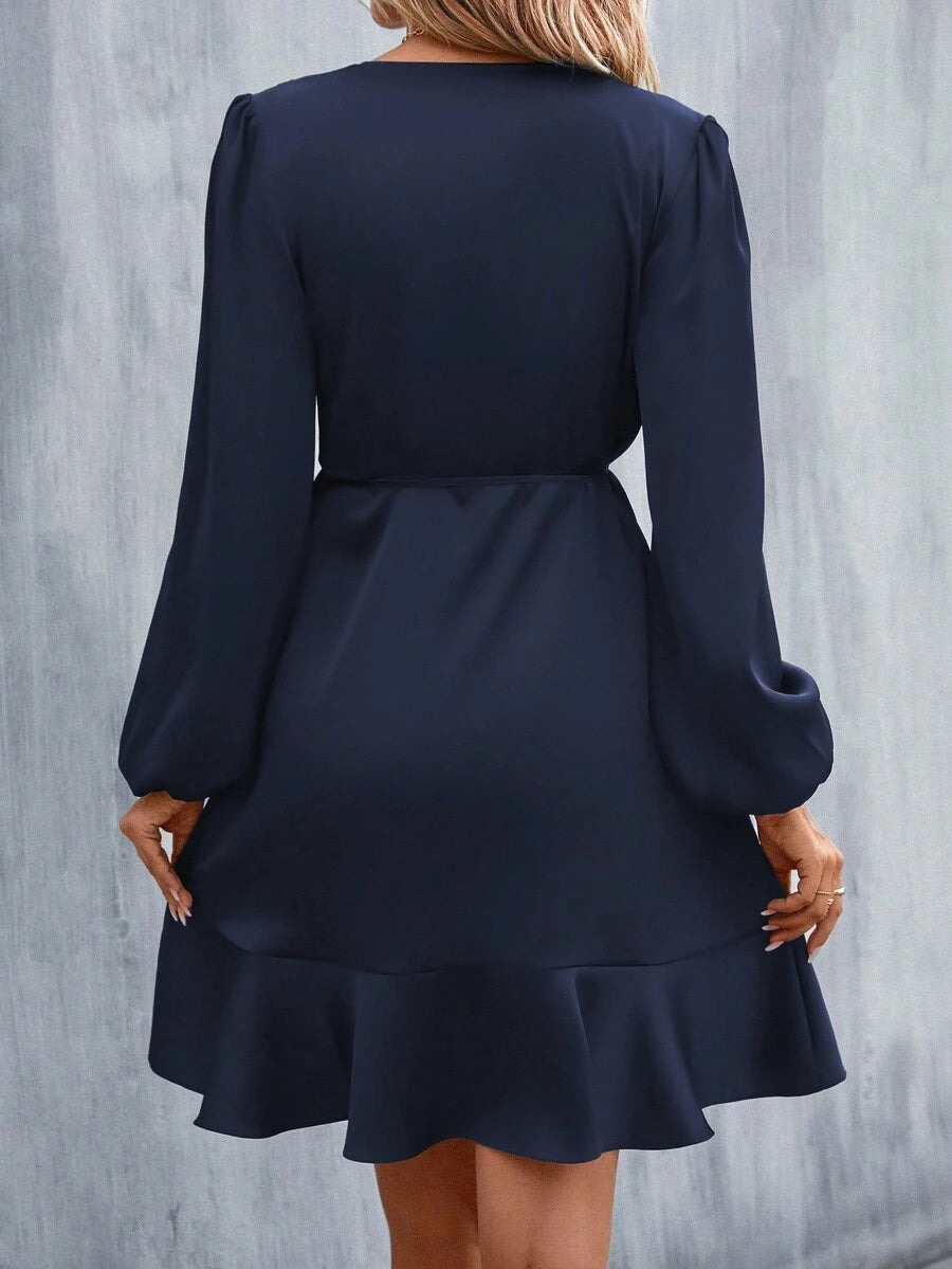 Women's Satin Wrap Dress, Tie Waist Ruffle Hem Silky Dress for Wedding Guest and Evening - Black