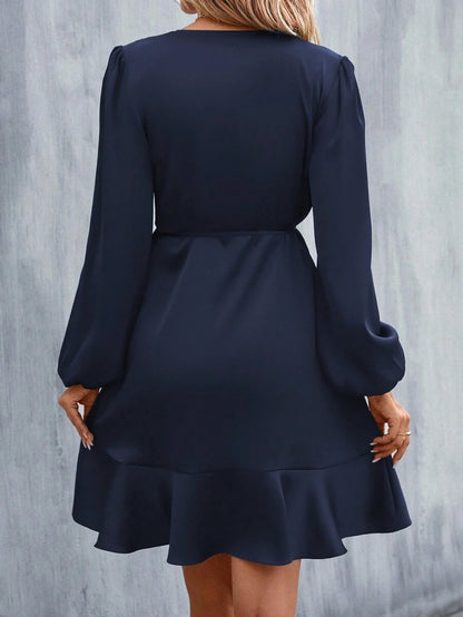 Women's Satin Wrap Dress, Tie Waist Ruffle Hem Silky Dress for Wedding Guest and Evening - Black